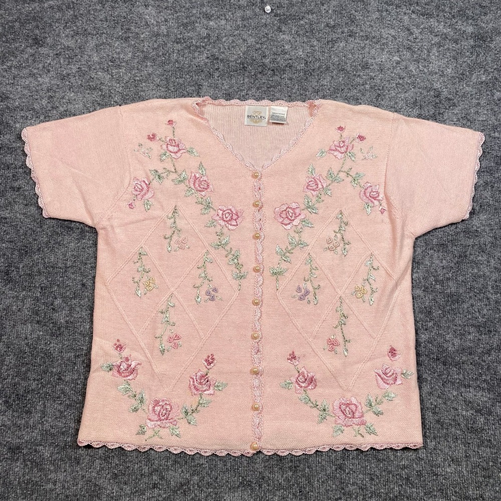 TR Bentley Pink Floral Embroidered Short Sleeve Cardigan Pearl Button Medium